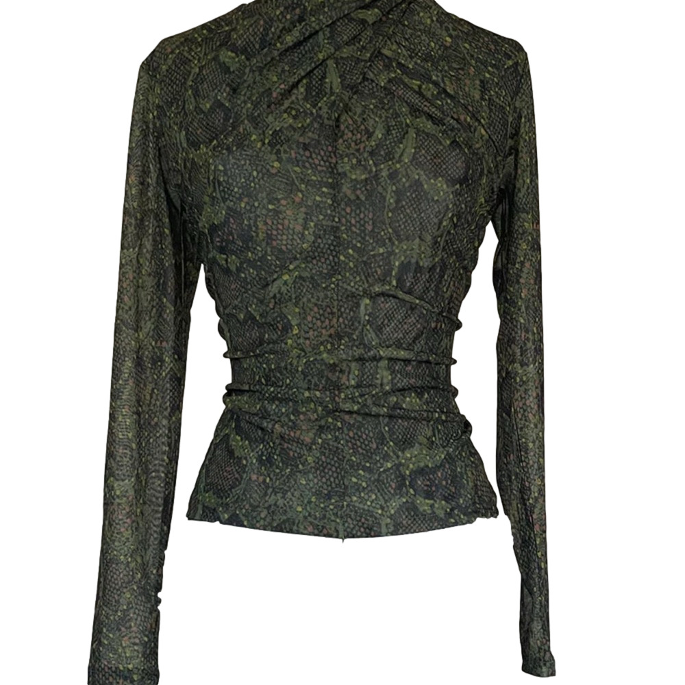All Saints Olive Green Snakeskin-Print Mesh Long-Sleeve Top